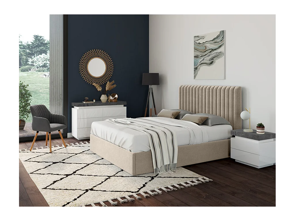 Lit coffre 120 x 190 cm avec tête de lit coutures verticales - Tissu - Taupe + Matelas - SARAH