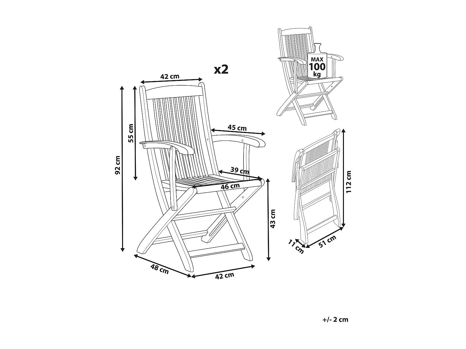 Lot de 2 chaises de jardin MAUI II Acacia Marron clair
