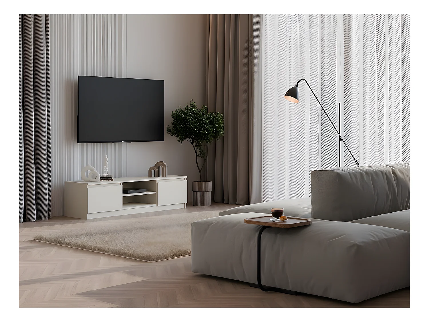 TIVOLI - Meuble TV style moderne beige - 140x40x36cm - 2 niches + 2 portes - Rangement matériel télé/audio