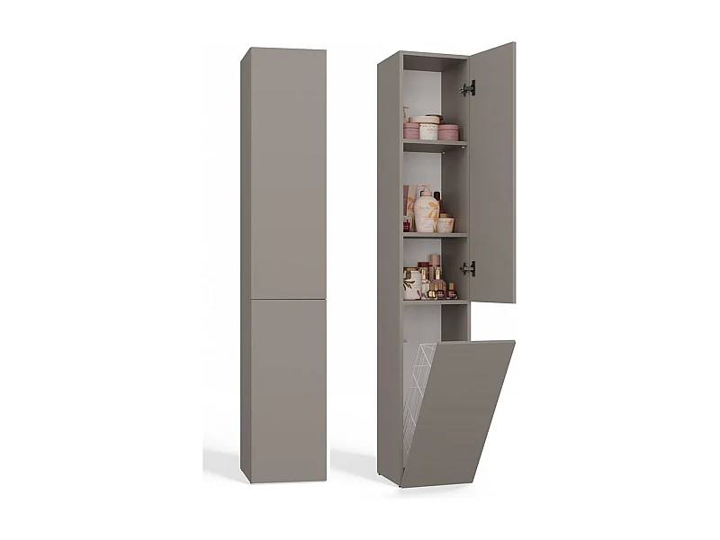 YANA - Meuble salle de bain avec panier à linge gris - 31x30x174 cm - Colonne rangement SDB