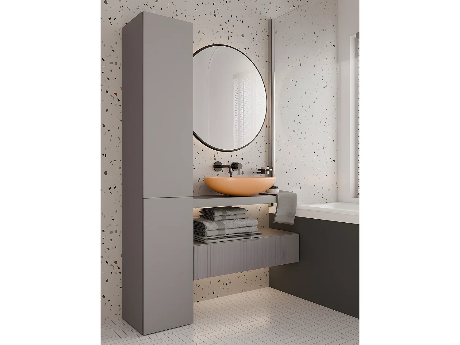 CDF Bad-Hochschrank NEL lV | Farbe: Gruau | Modernes Badregal | Stauraumschrank | Geräumige Einlegeböden | Türen | Einfache Montage | Stilvolle Griffe | Wäschekorb