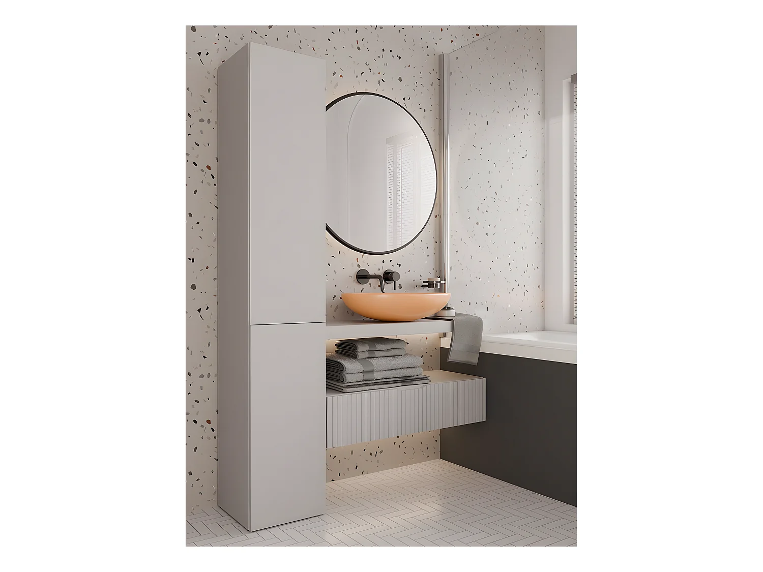 YANA - Meuble salle de bain avec panier à linge beige - 31x30x174 cm - Colonne rangement SDB