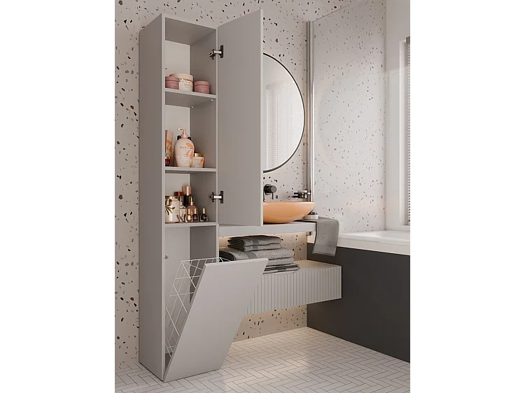 YANA - Meuble salle de bain avec panier à linge beige - 31x30x174 cm - Colonne rangement SDB