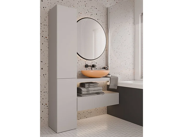 YANA - Meuble salle de bain avec panier à linge beige - 31x30x174 cm - Colonne rangement SDB
