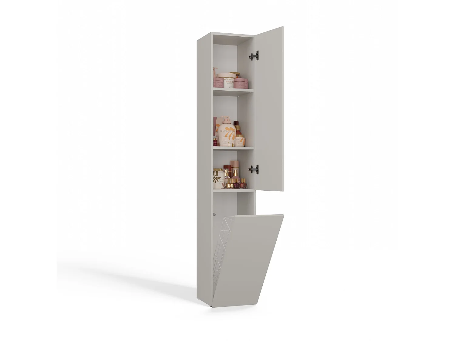 YANA - Meuble salle de bain avec panier à linge beige - 31x30x174 cm - Colonne rangement SDB