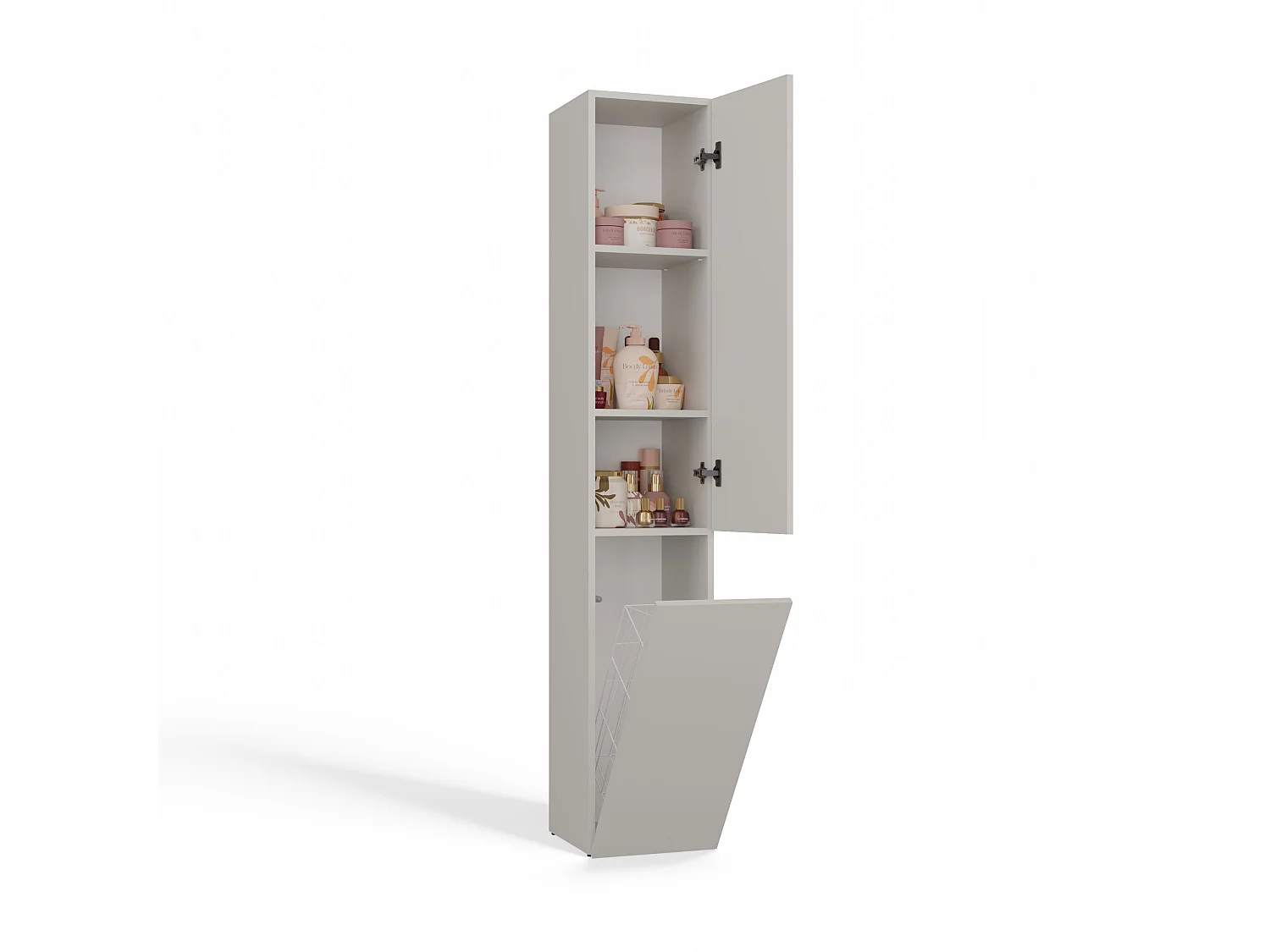 YANA - Meuble salle de bain avec panier à linge beige - 31x30x174 cm - Colonne rangement SDB
