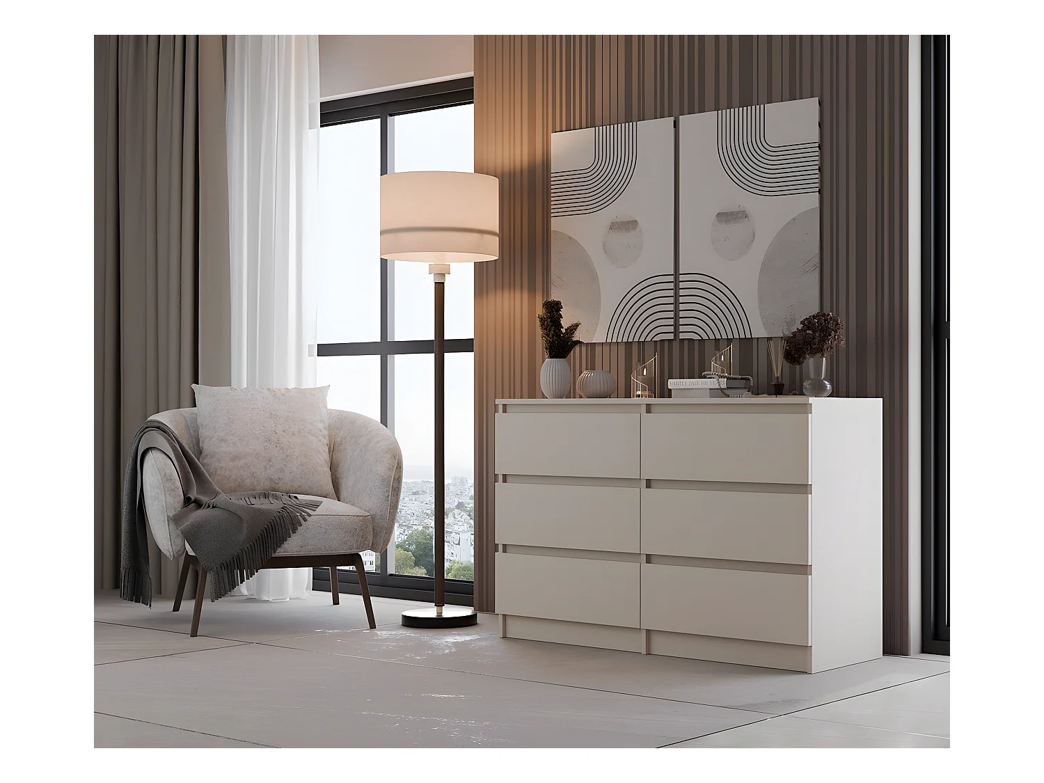 MILAN | Commode contemporaine 6 tiroirs chambre/salon/bureau | 30x120x77 cm Beige | Style scandinave | Meuble de rangementent