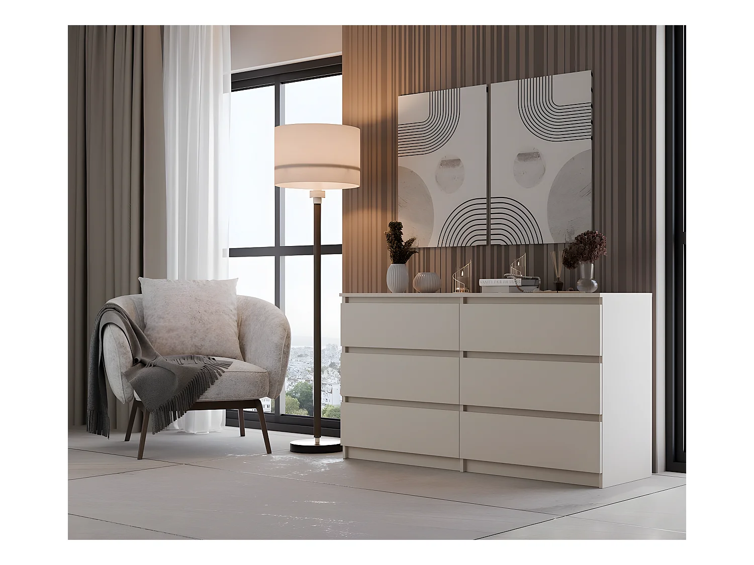 ASTER - Commode large chambre salon bureau beige - 6 tiroirs - 138x40x75cm - 6 tiroirs - Style scandinave