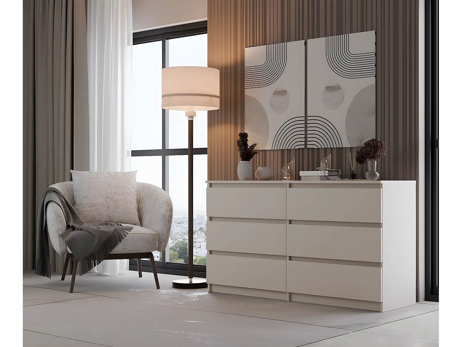 ASTER - Cómoda grande dormitorio salón oficina - 6 cajones - 138x40x75cm - 6 cajones - estilo escandinavo