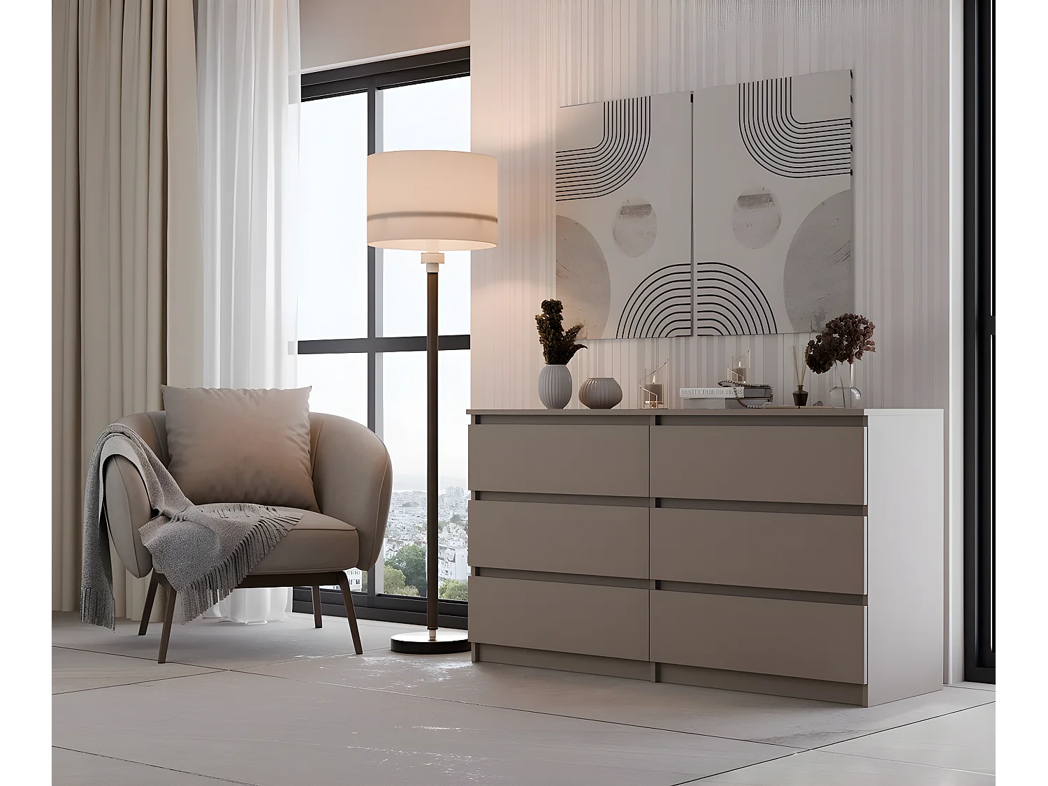 ASTER - Cómoda grande dormitorio salón oficina - 6 cajones - 138x40x77cm - 6 cajones - estilo escandinavo