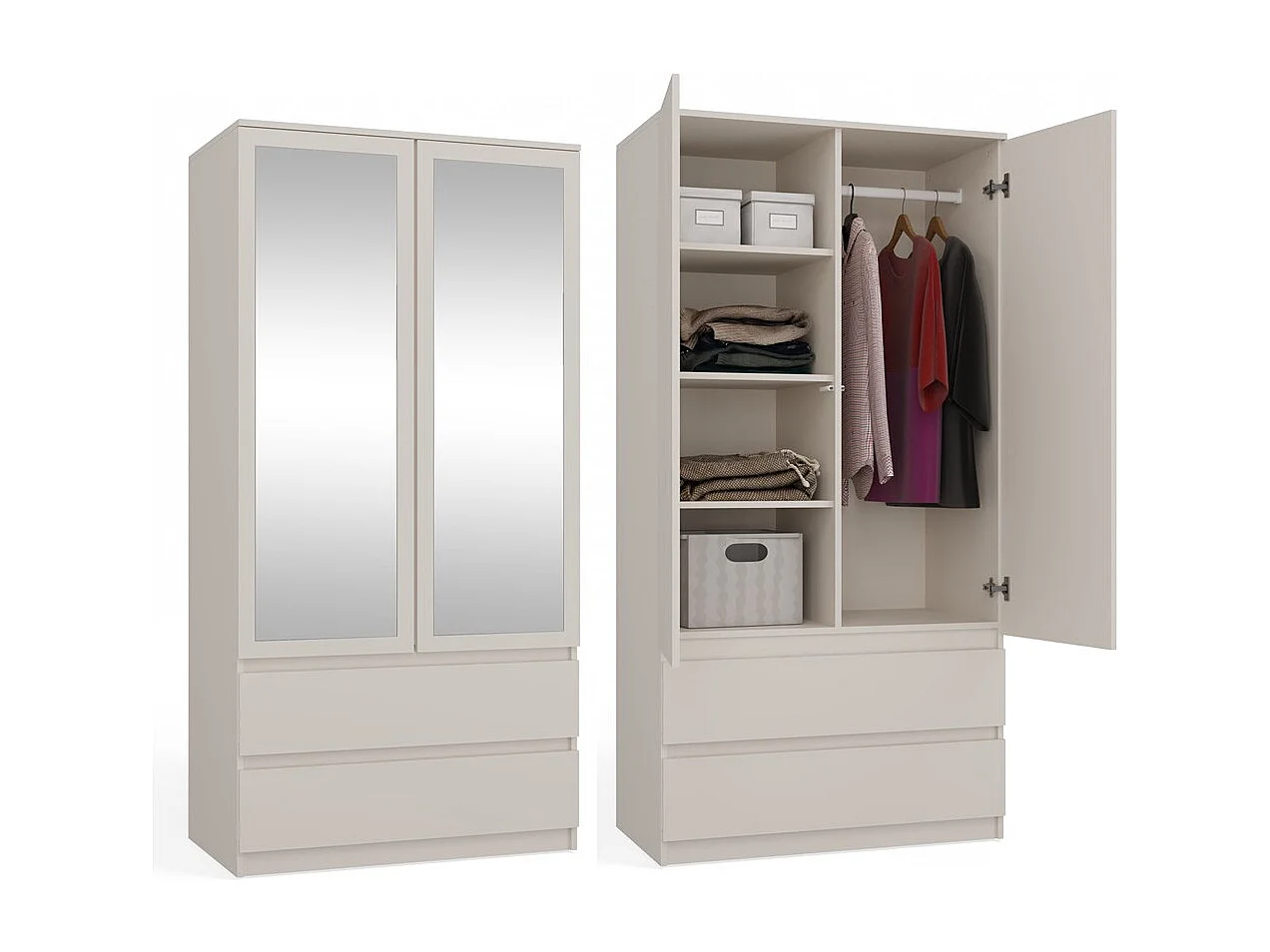TURIN - Armoire 2 portes avec miroir style moderne chambre à coucher blanc - 90x50x180 - 2 tiroirs