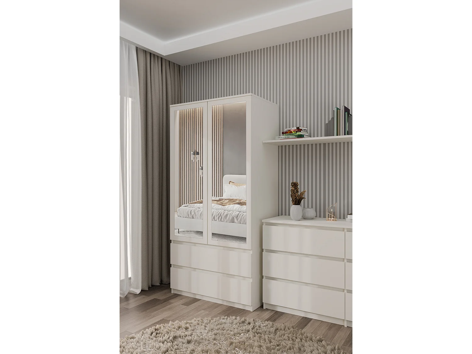 TURIN - Armoire 2 portes avec miroir style moderne chambre à coucher blanc - 90x50x180 - 2 tiroirs