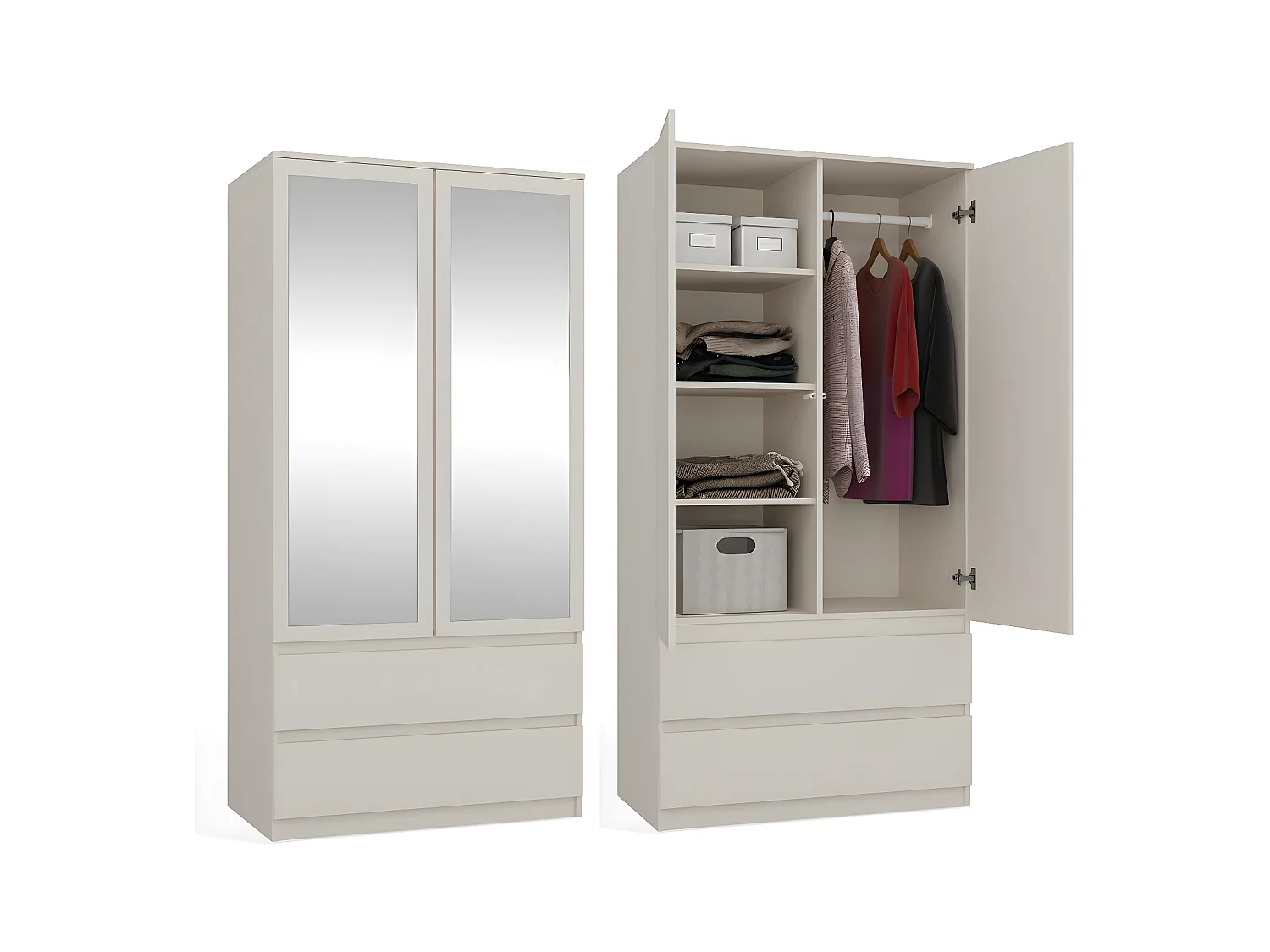 TURIN - Armoire 2 portes avec miroir style moderne chambre à coucher blanc - 90x50x180 - 2 tiroirs