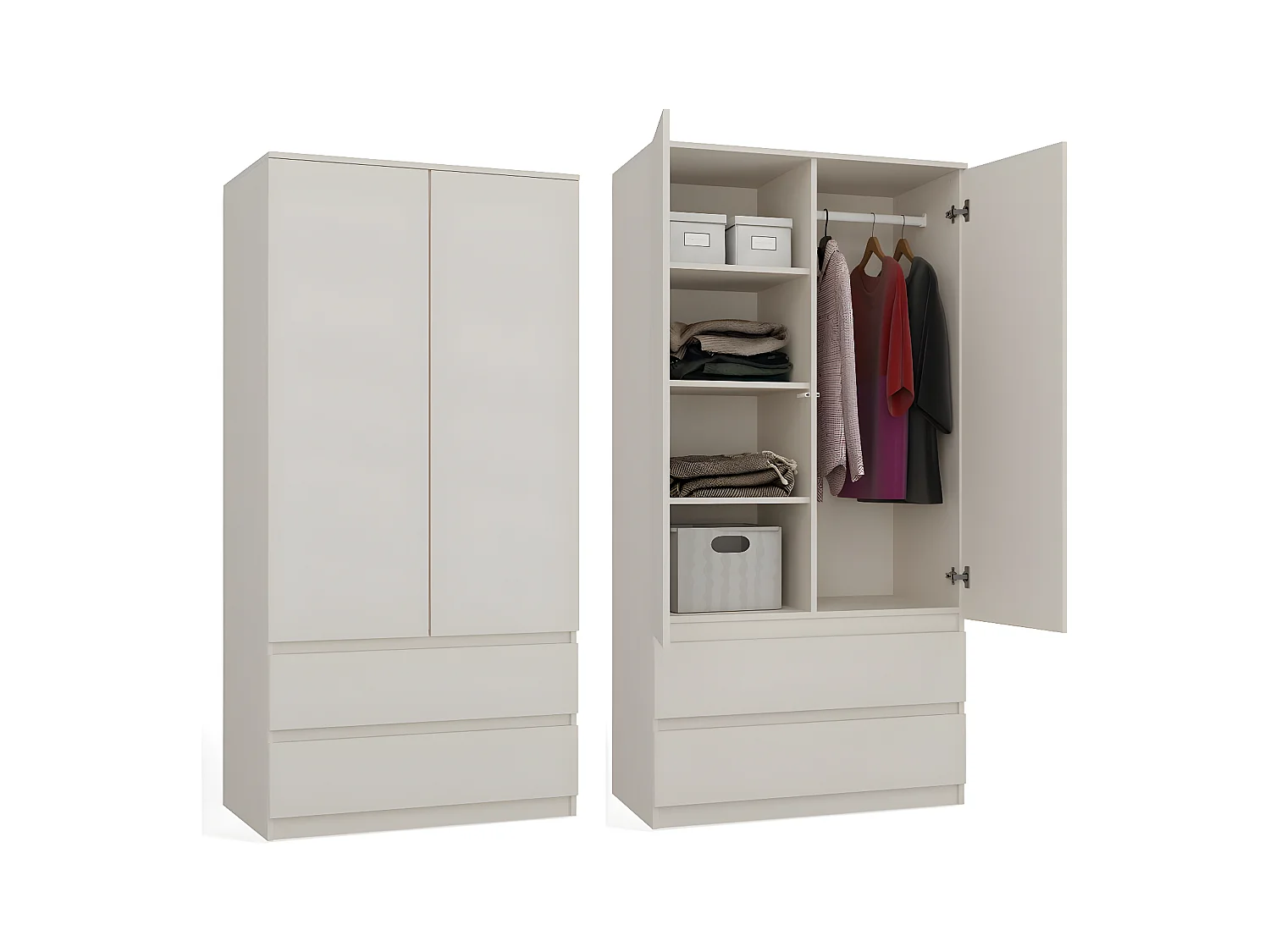 TURIN | Armoire style moderne chambre salon beige | Penderie multifonctions | 2 portes + tiroirs | Dressing | Système TIP-ON