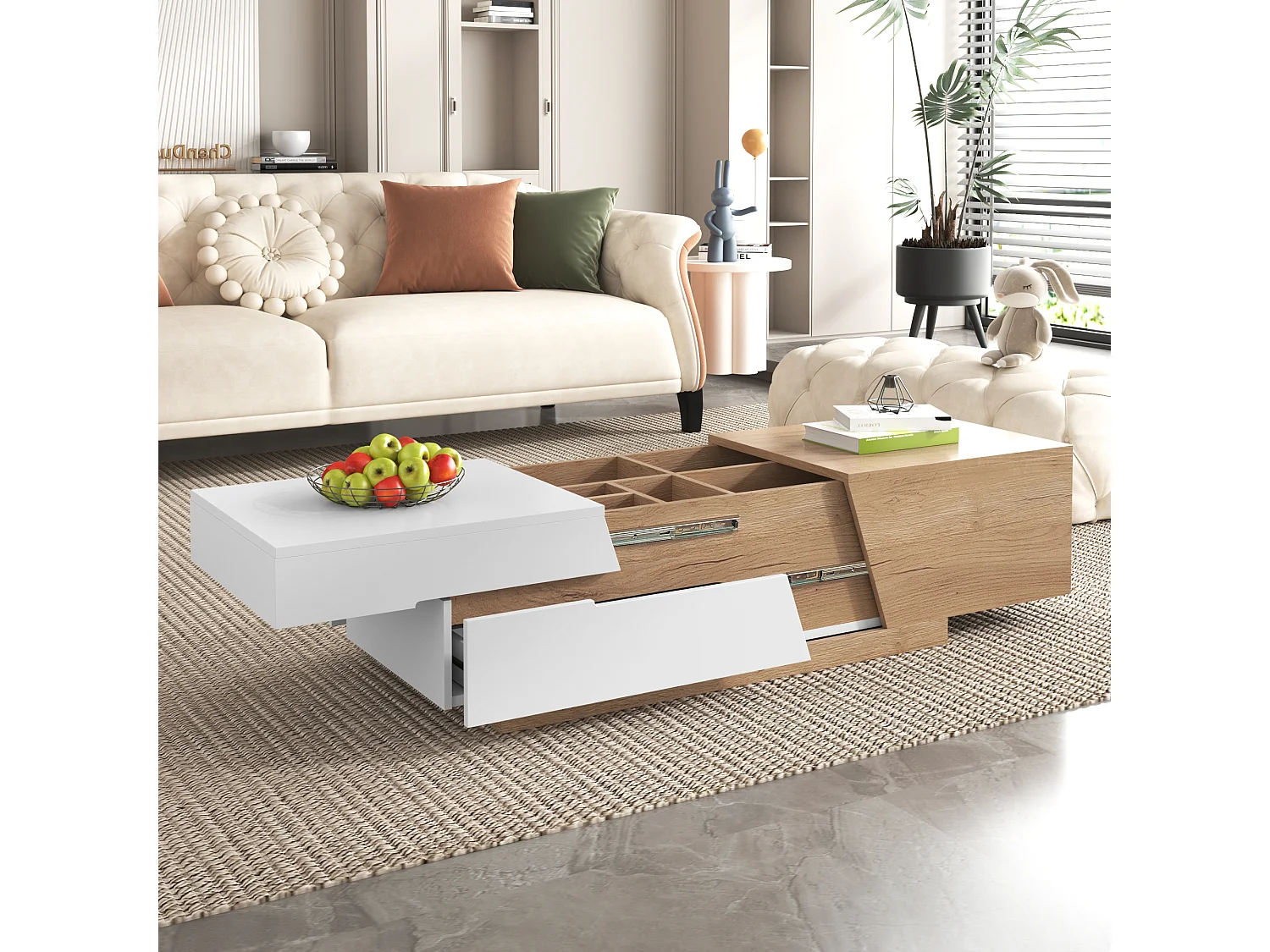 Ausziehbarer Couchtisch – 1 Schublade und mehrere Fächer – Natur und Weiß