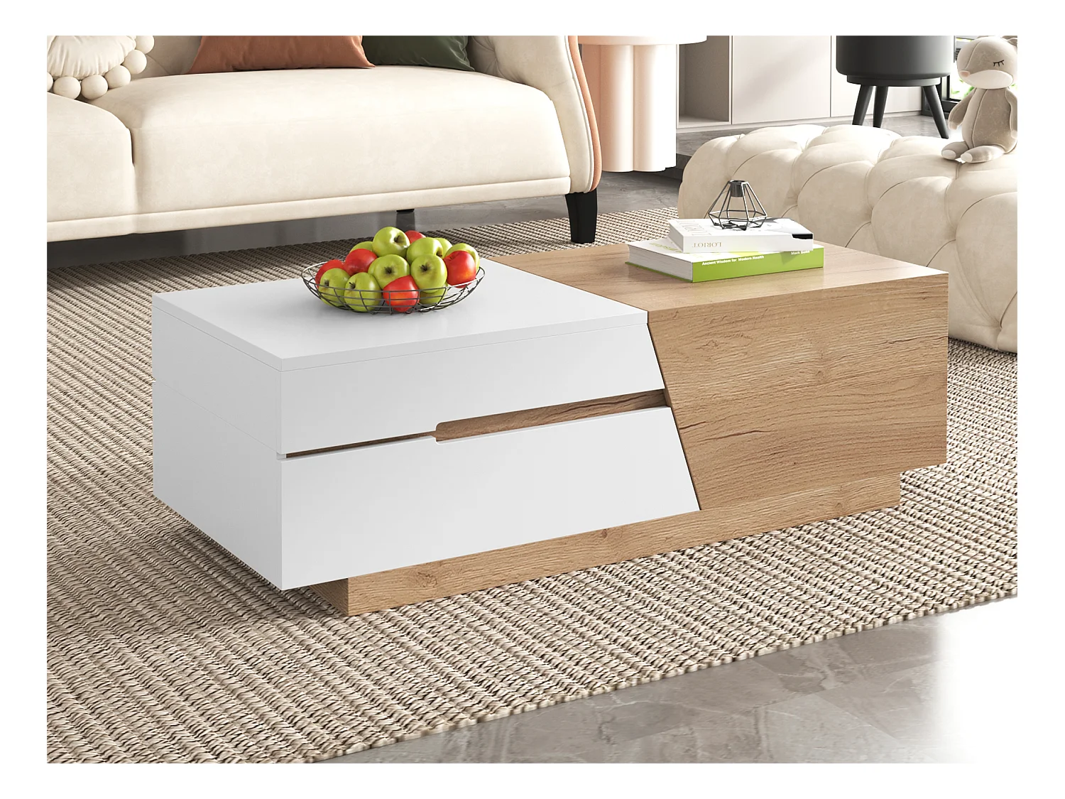 Table basse escamotable - 1 tiroir et multiples compartiments - Naturel & Blanc