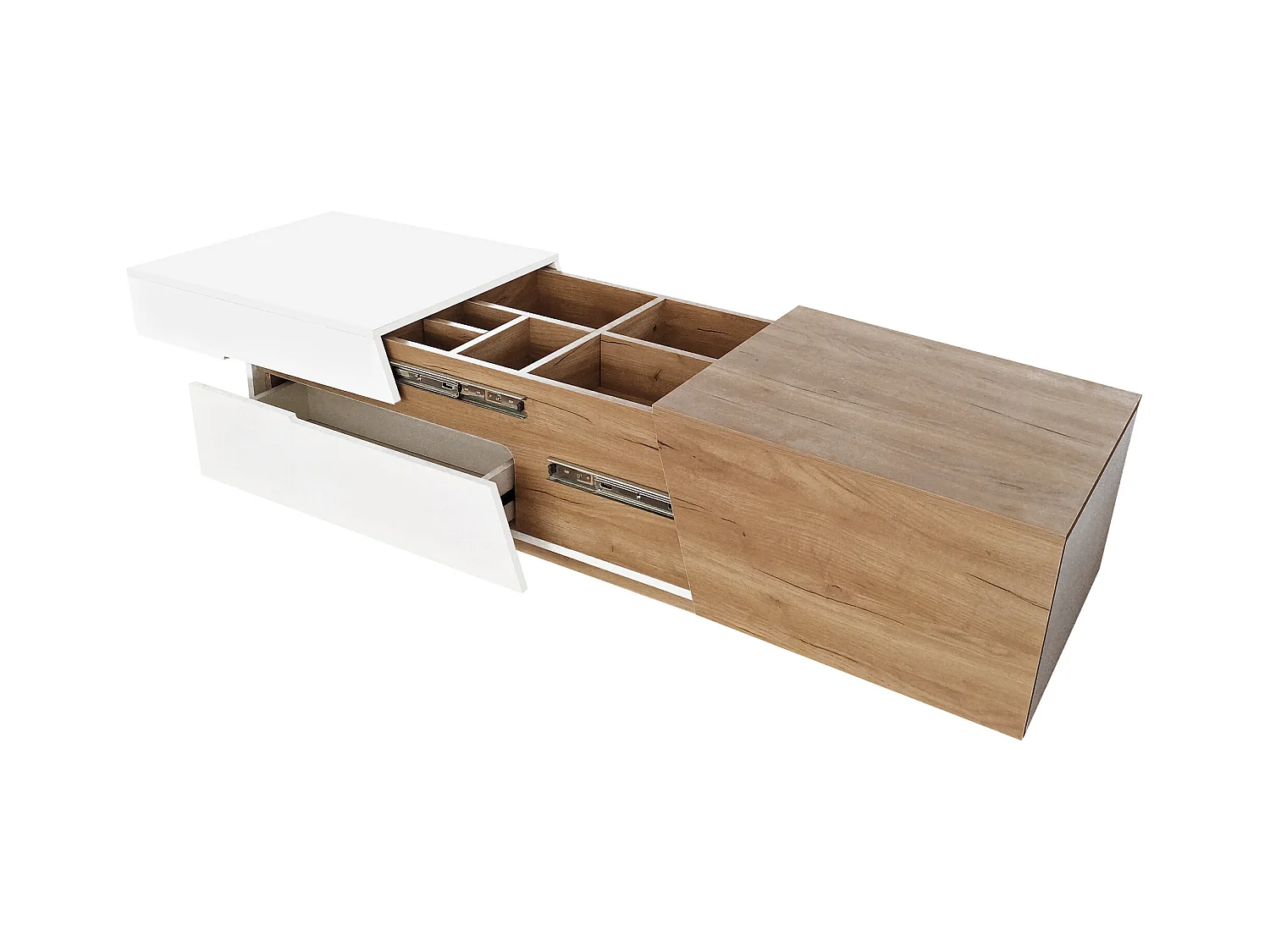 Table basse escamotable - 1 tiroir et multiples compartiments - Naturel & Blanc