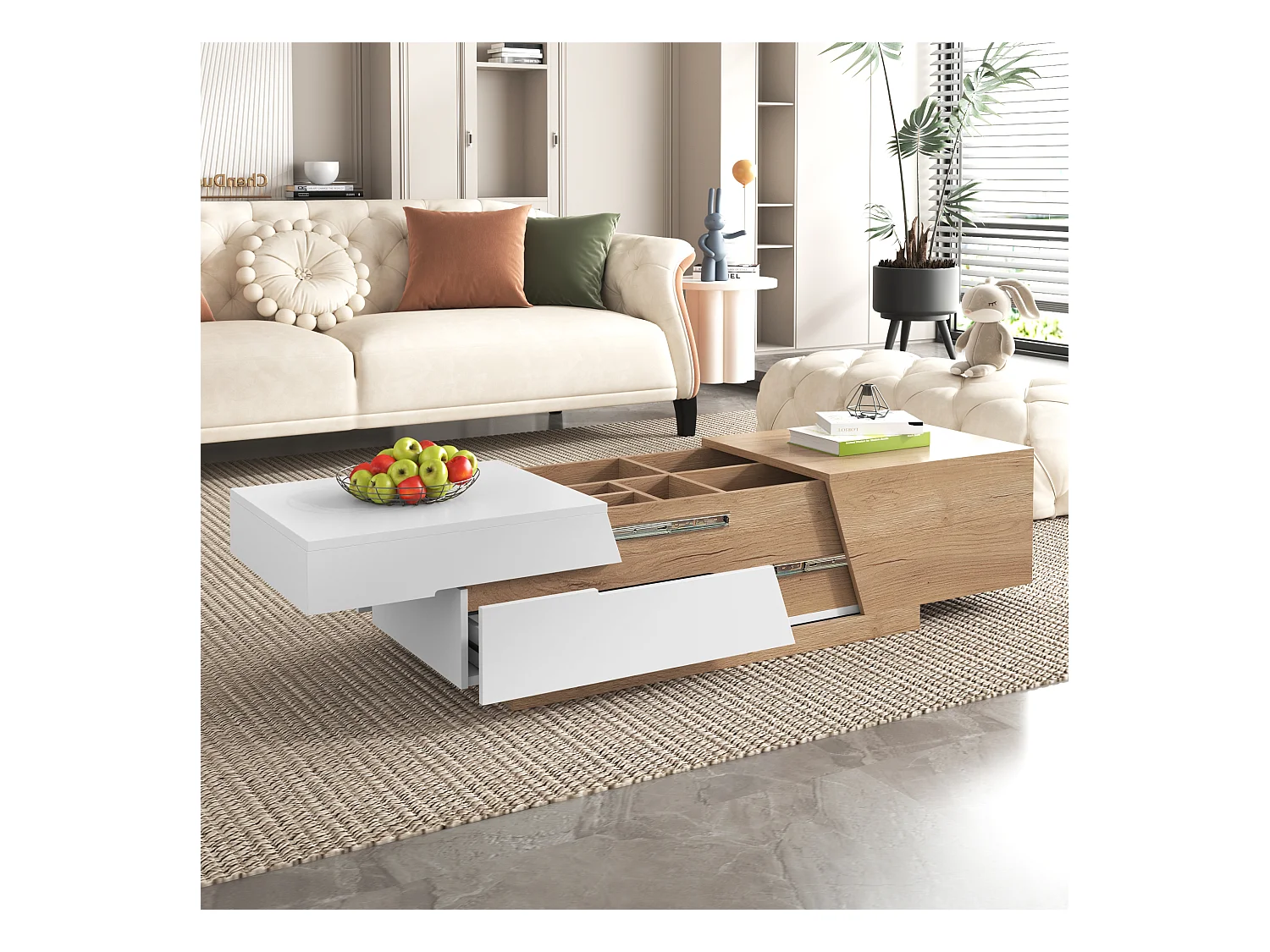 Table basse escamotable - 1 tiroir et multiples compartiments - Naturel & Blanc