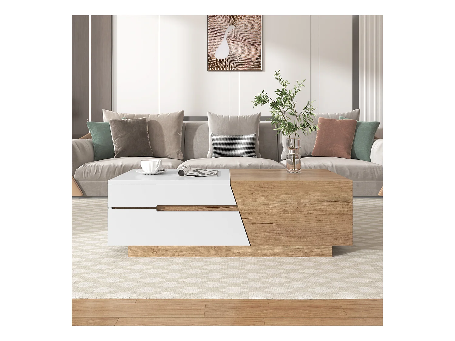 Table basse escamotable - 1 tiroir et multiples compartiments - Naturel & Blanc