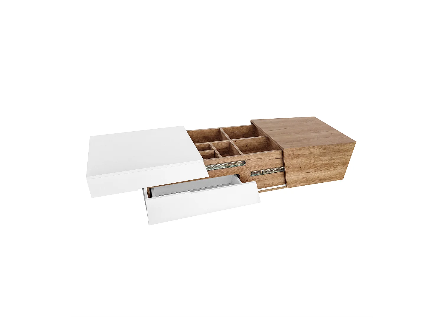 Table basse escamotable - 1 tiroir et multiples compartiments - Naturel & Blanc