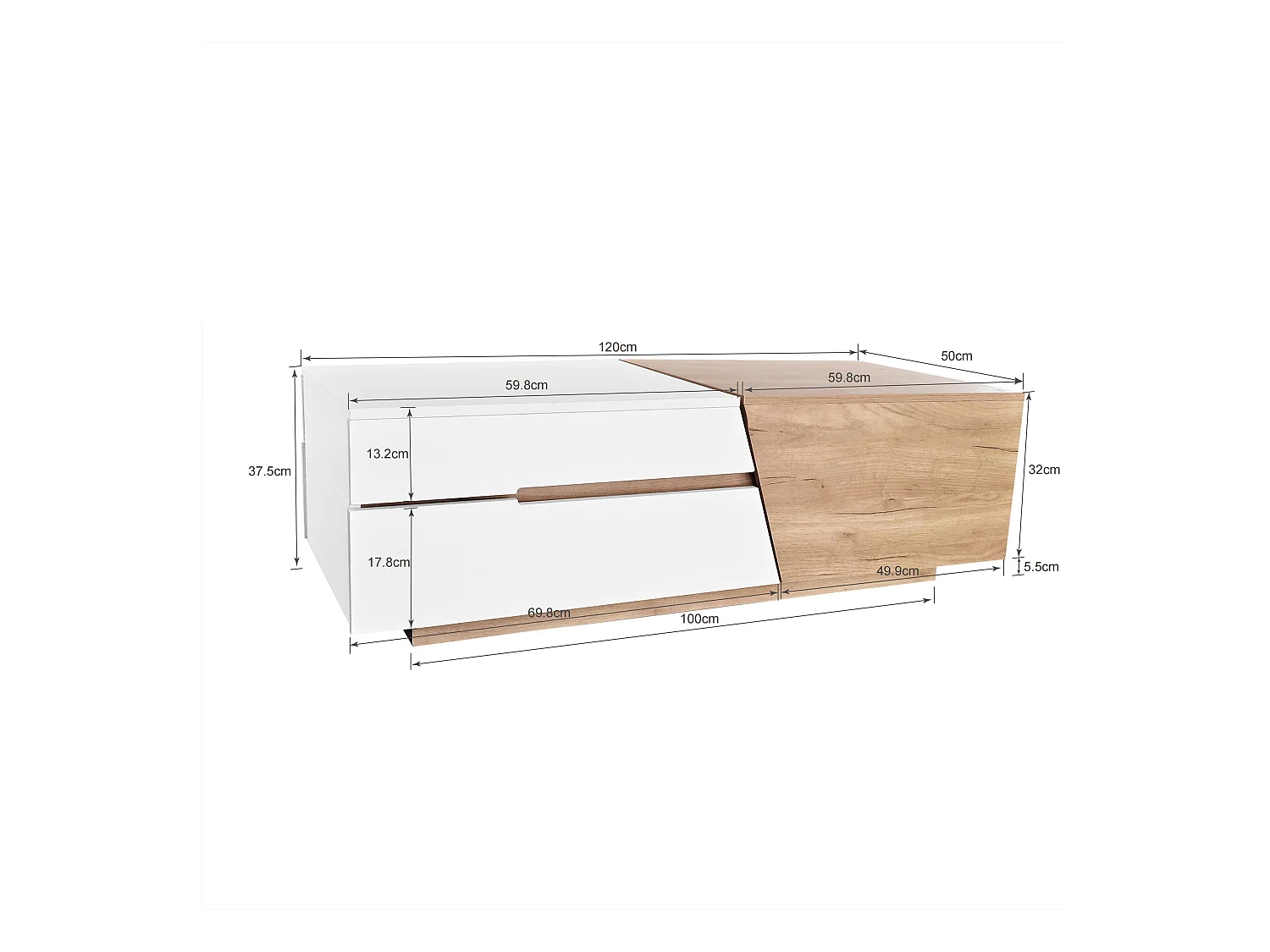 Table basse escamotable - 1 tiroir et multiples compartiments - Naturel & Blanc