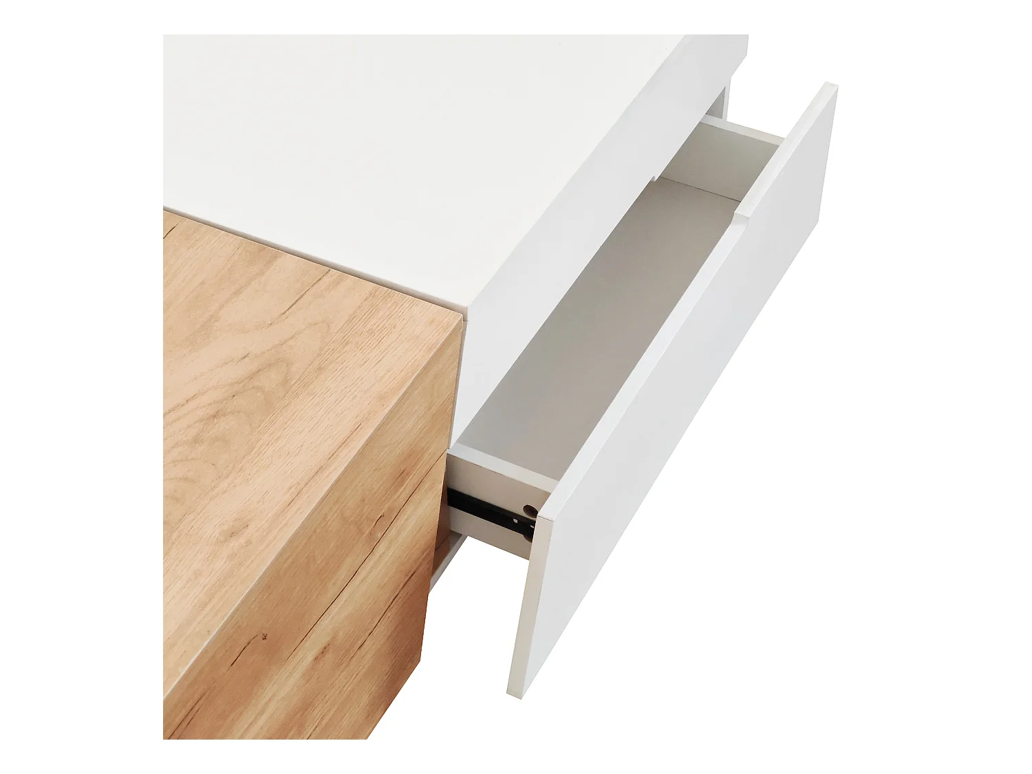 Table basse escamotable - 1 tiroir et multiples compartiments - Naturel & Blanc