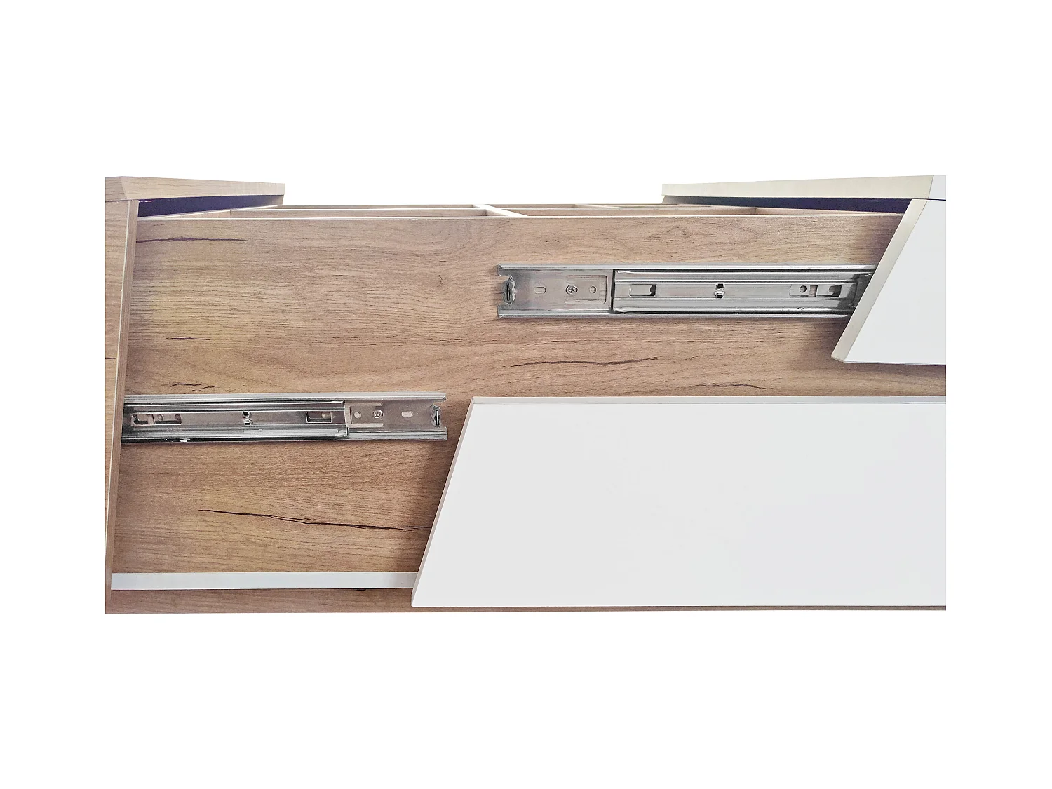 Table basse escamotable - 1 tiroir et multiples compartiments - Naturel & Blanc