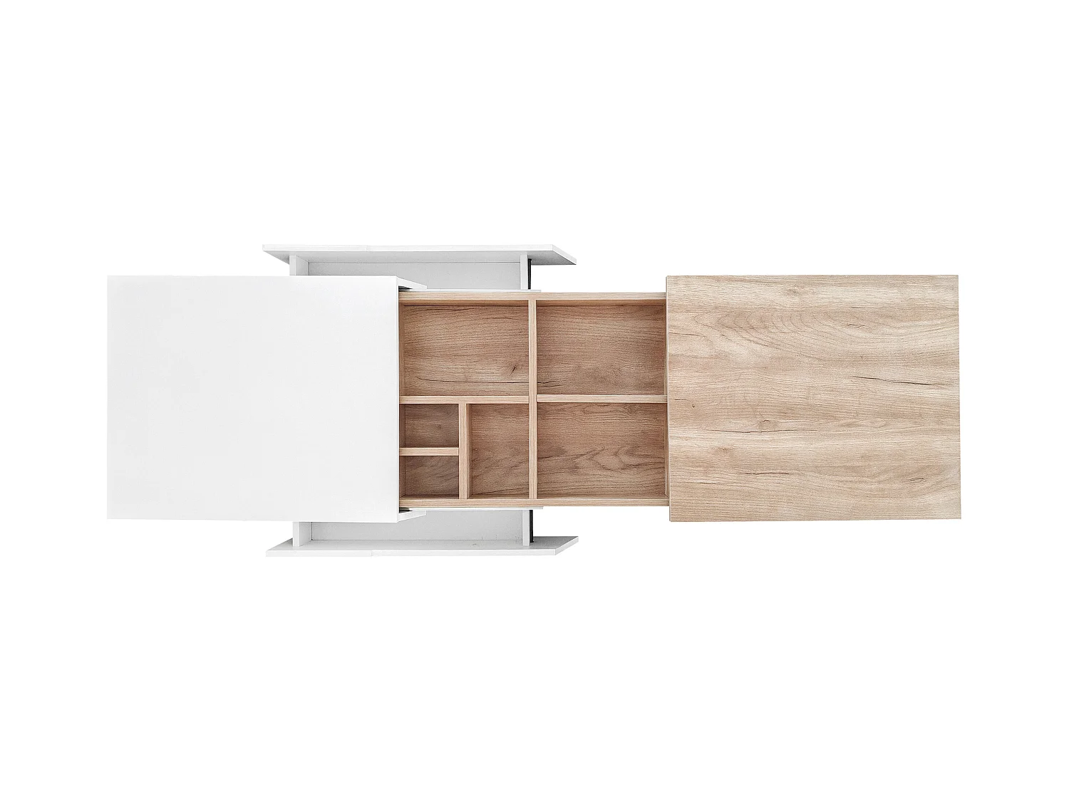 Table basse escamotable - 1 tiroir et multiples compartiments - Naturel & Blanc