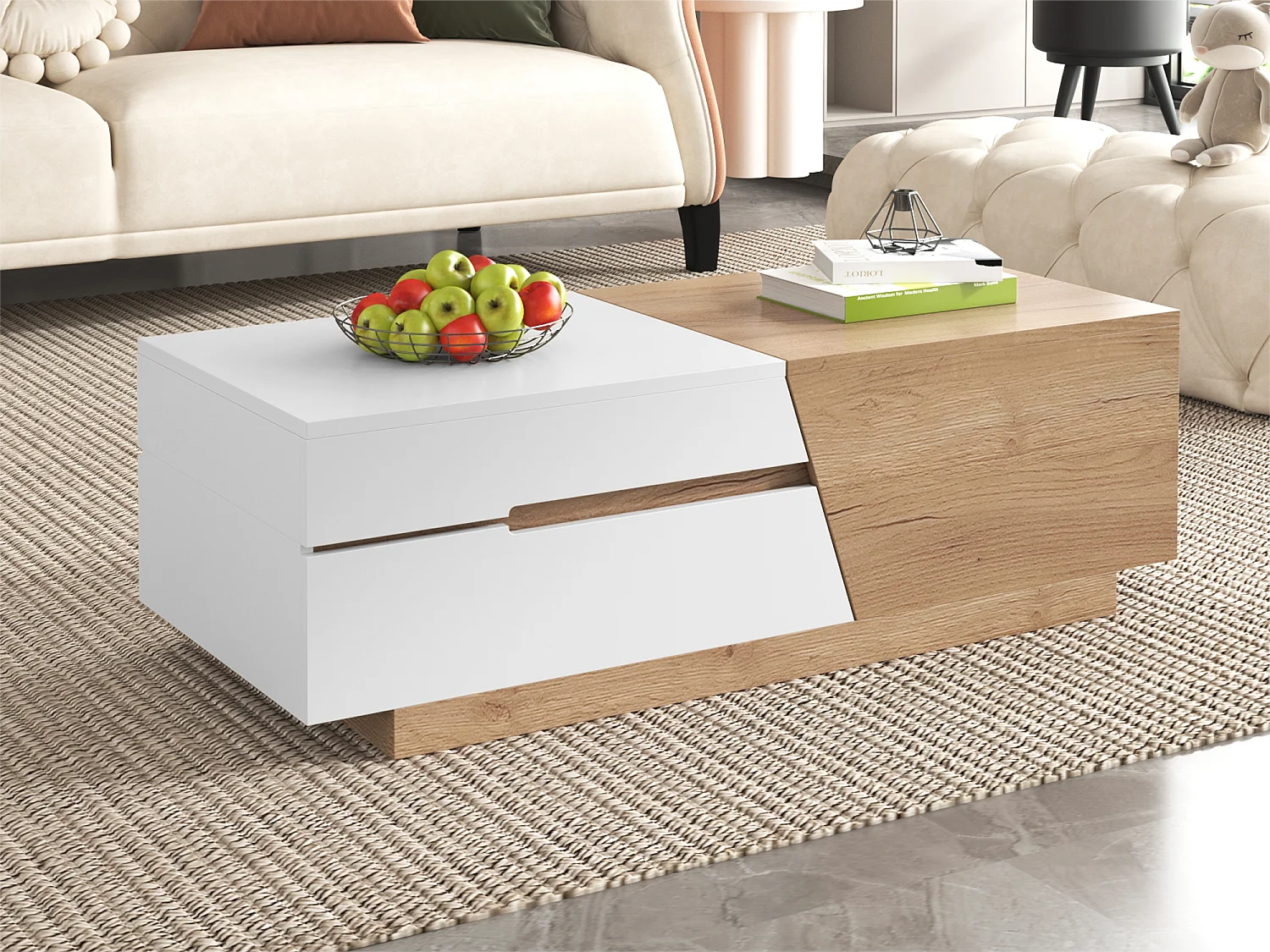 Table basse escamotable - 1 tiroir et multiples compartiments - Naturel & Blanc