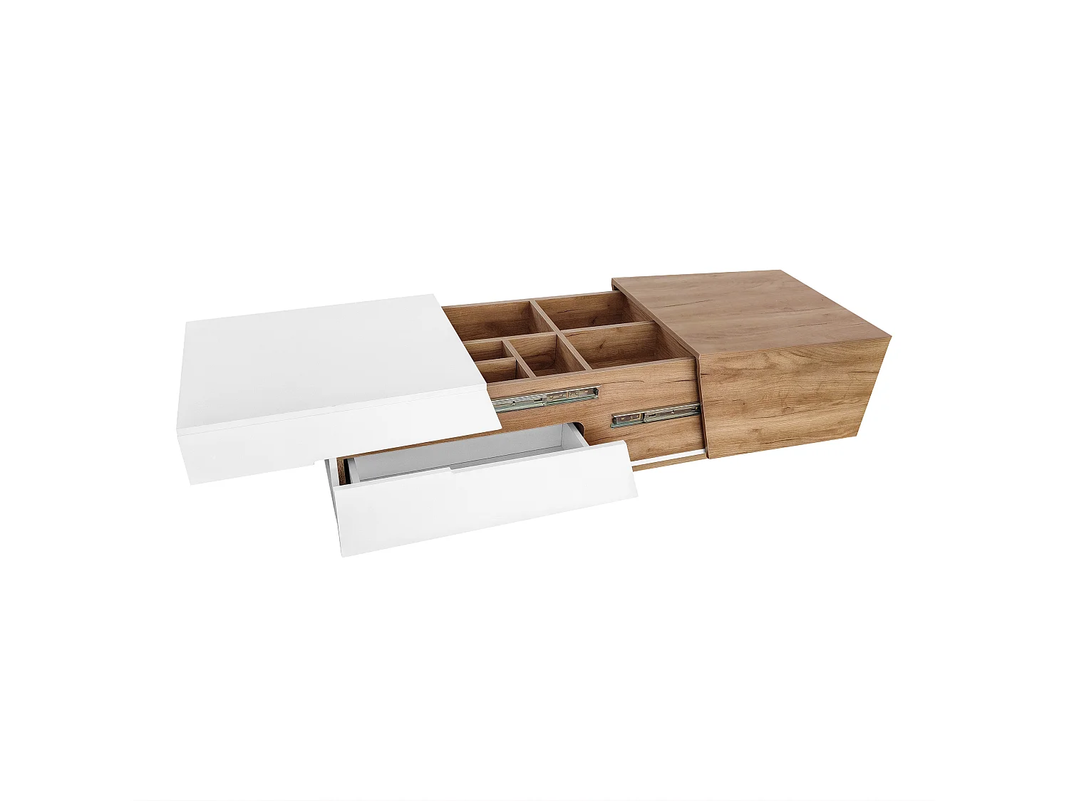 Table basse escamotable - 1 tiroir et multiples compartiments - Naturel & Blanc