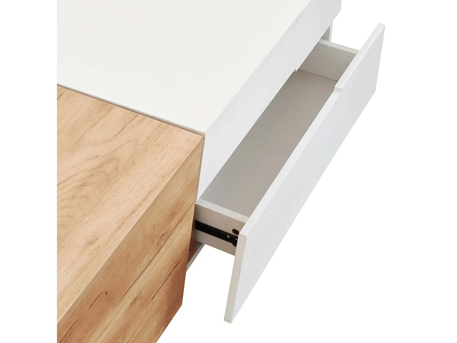 Table basse escamotable - 1 tiroir et multiples compartiments - Naturel & Blanc