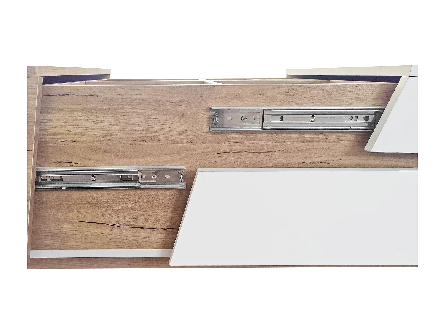 Table basse escamotable - 1 tiroir et multiples compartiments - Naturel & Blanc