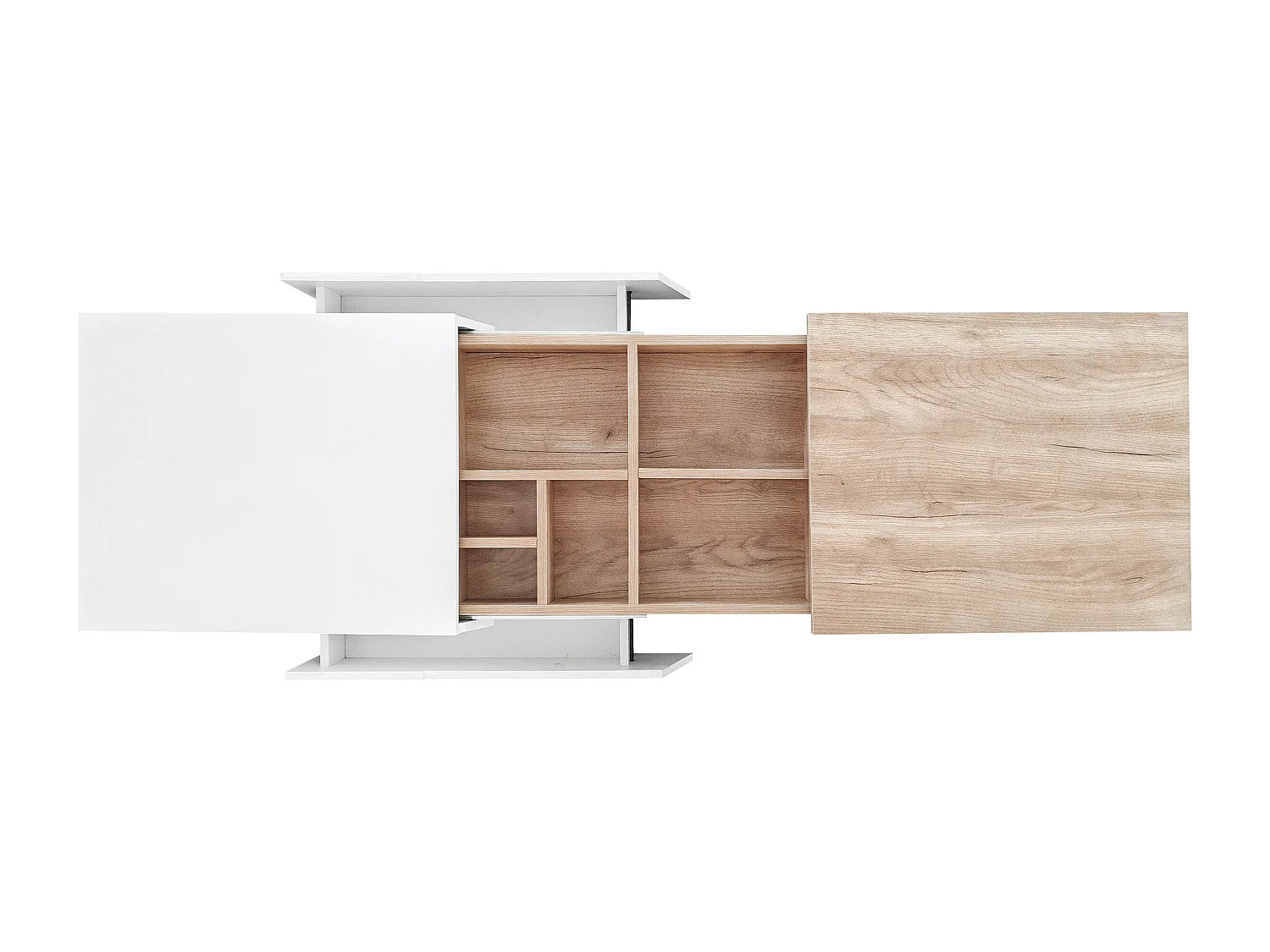 Table basse escamotable - 1 tiroir et multiples compartiments - Naturel & Blanc