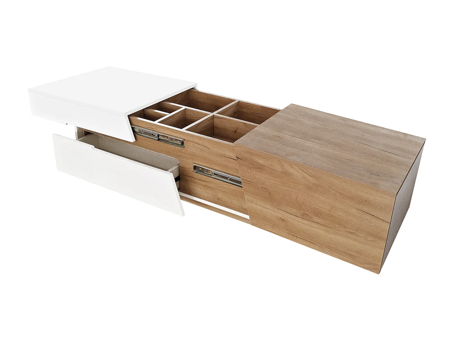 Table basse escamotable - 1 tiroir et multiples compartiments - Naturel & Blanc