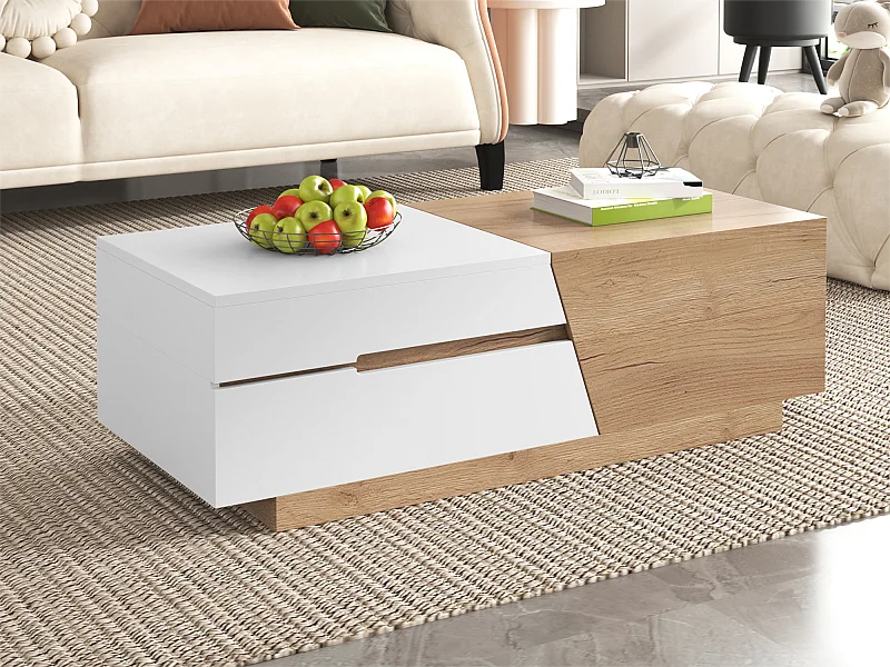Table basse escamotable - 1 tiroir et multiples compartiments - Naturel & Blanc