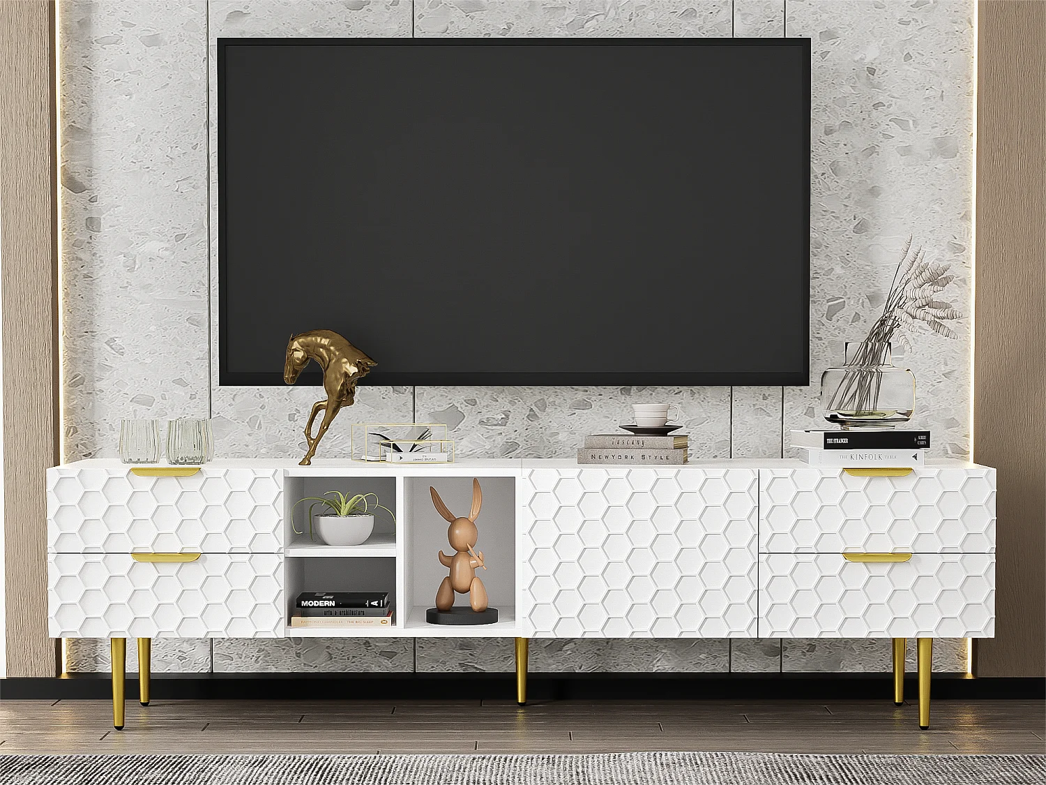 Mueble TV moderno 170 cm - 4 cajones y 4 compartimentos - Blanco y Dorado