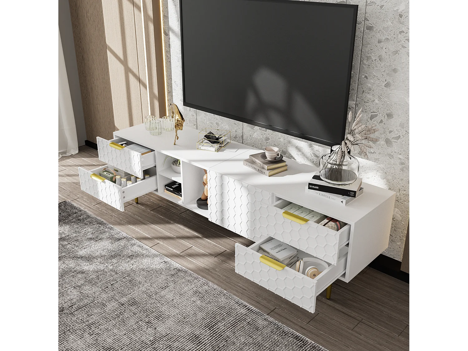 Mueble TV moderno 170 cm - 4 cajones y 4 compartimentos - Blanco y Dorado