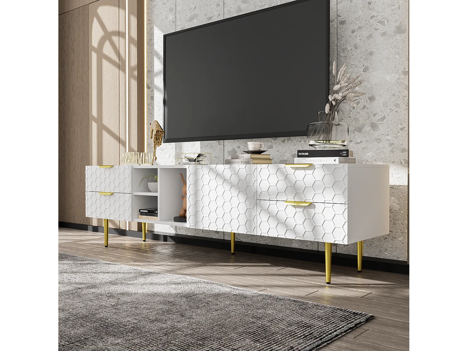 Mueble TV moderno 170 cm - 4 cajones y 4 compartimentos - Blanco y Dorado