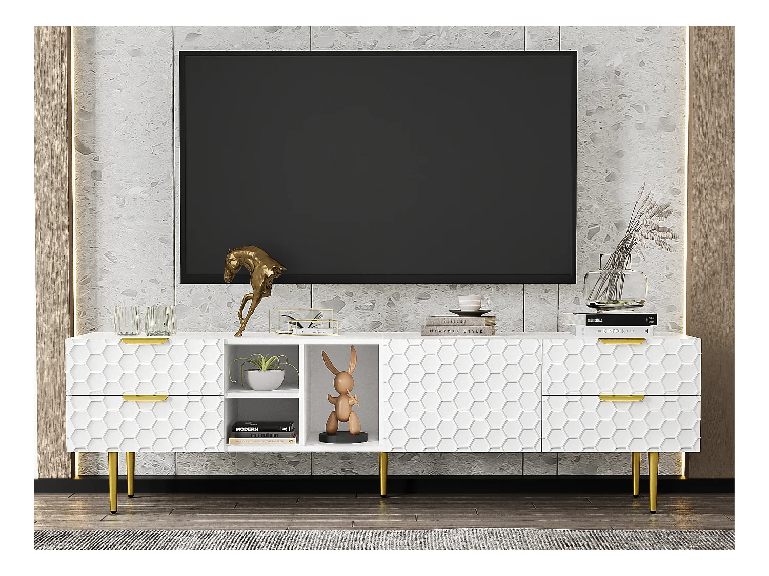 Meuble TV moderne 170cm - 4 tiroirs et 4 compartiments - Blanc & Doré