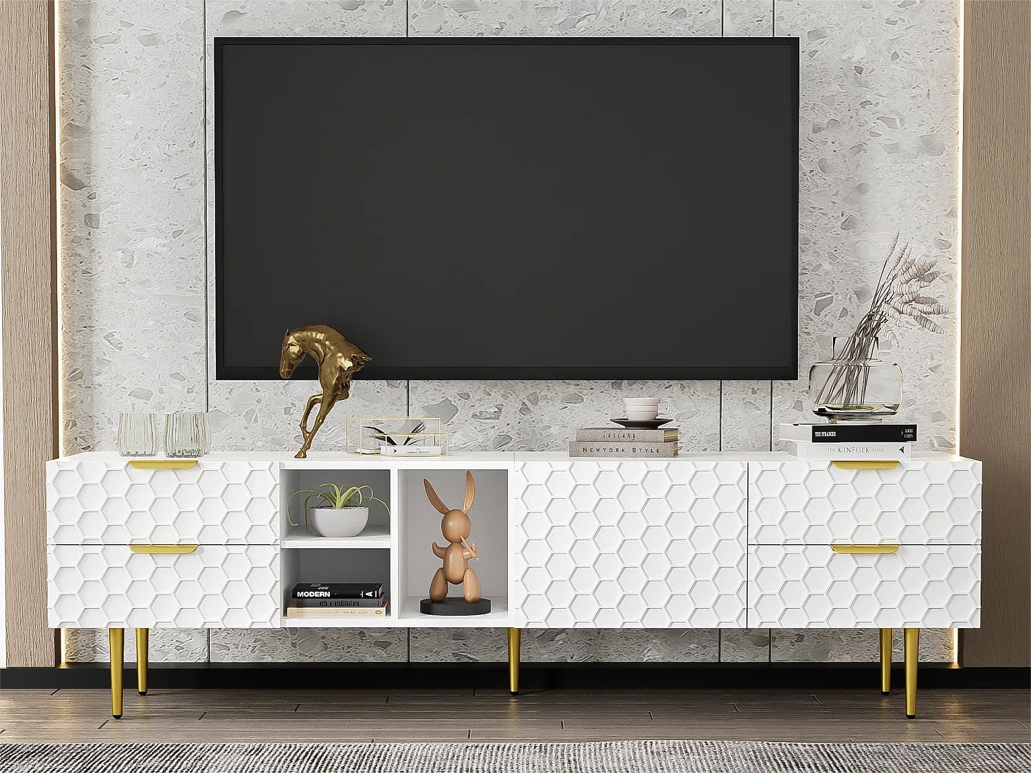 Meuble TV moderne 170cm - 4 tiroirs et 4 compartiments - Blanc & Doré
