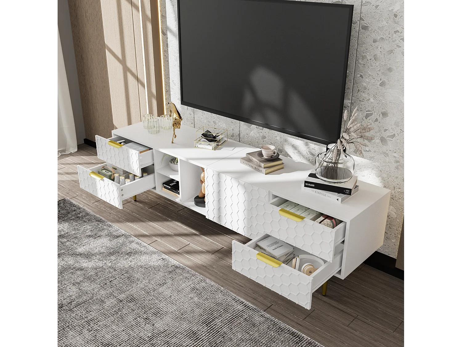 Meuble TV moderne 170cm - 4 tiroirs et 4 compartiments - Blanc & Doré
