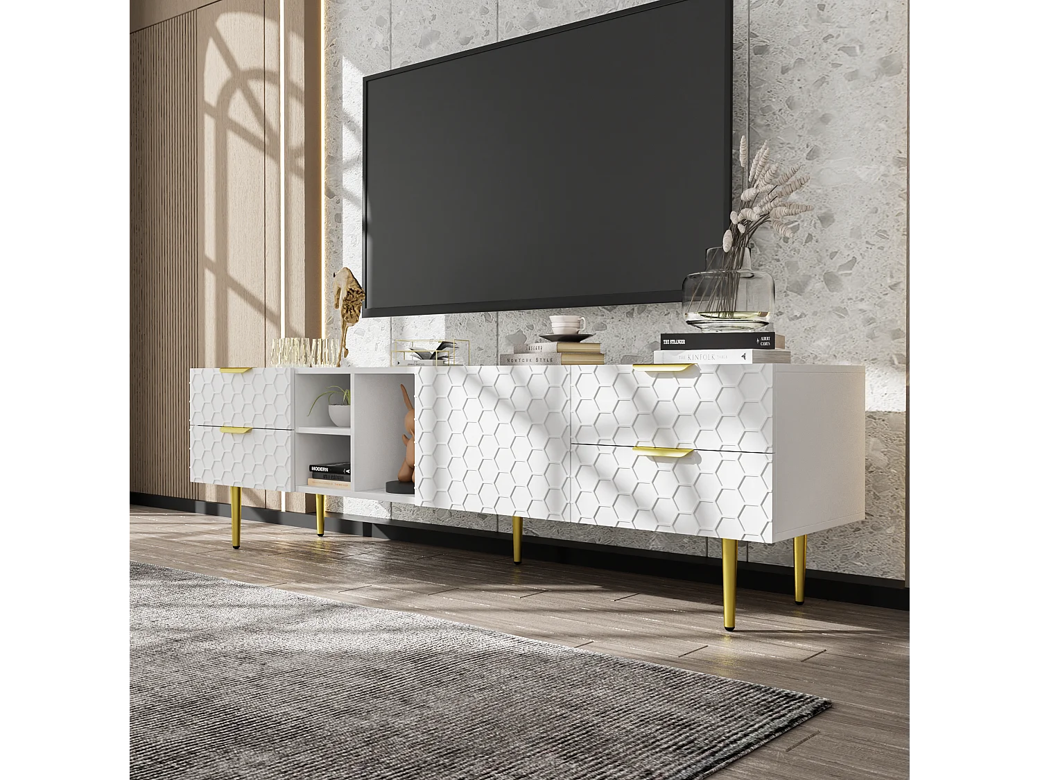 Meuble TV moderne 170cm - 4 tiroirs et 4 compartiments - Blanc & Doré
