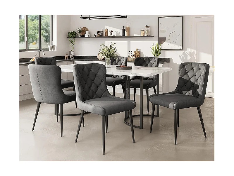 Set aus 6 Samtstühlen mit schwarzen Eisenbeinen – Grau