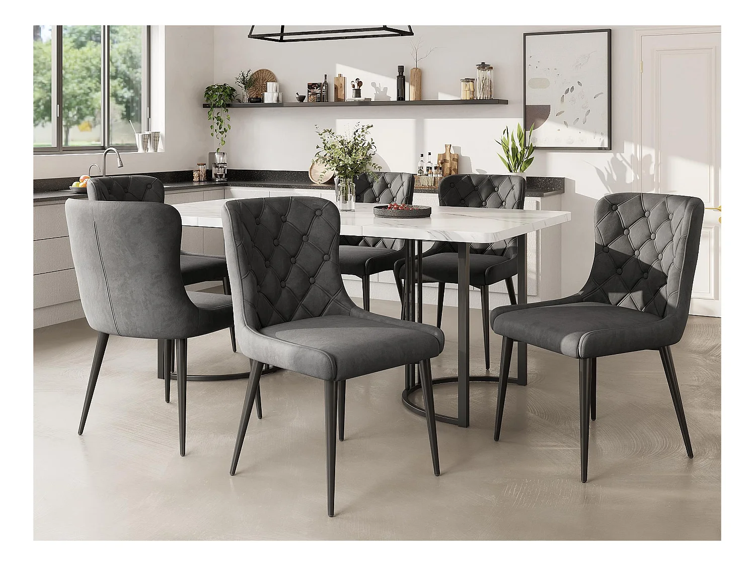Lot de 6 Chaises en velours avec pieds en fer noir - Gris
