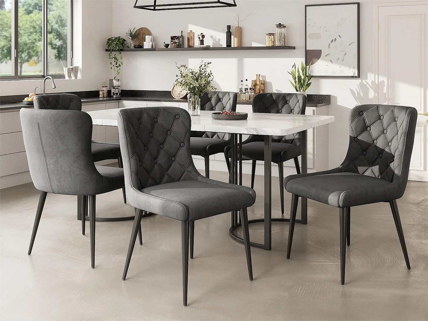 Lot de 6 Chaises en velours avec pieds en fer noir - Gris