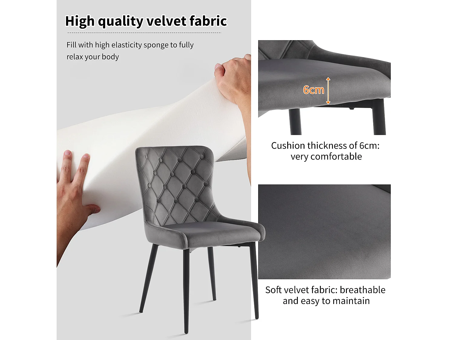 Lot de 6 Chaises en velours avec pieds en fer noir - Gris