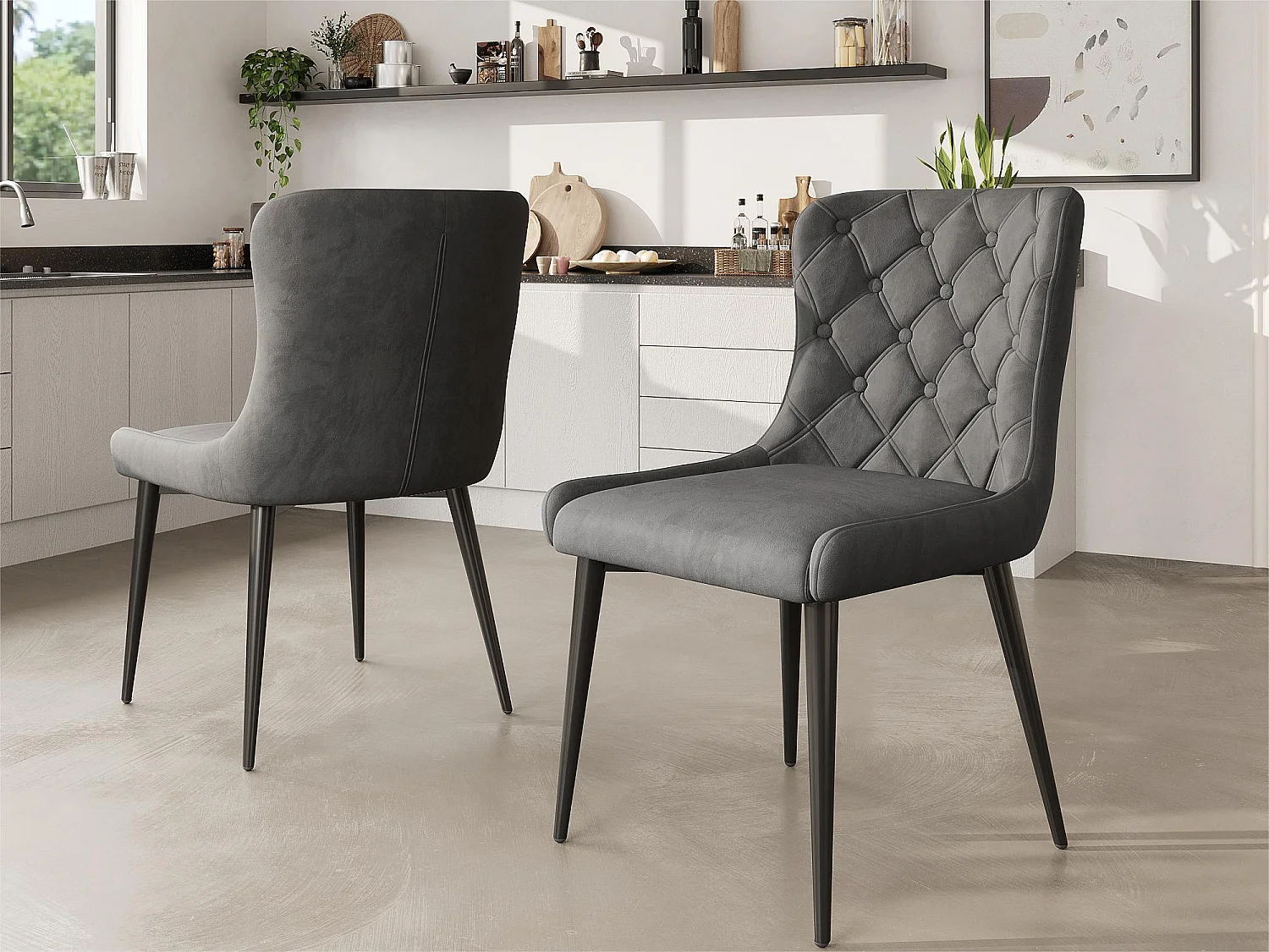 Set di 2 sedie in velluto con gambe in ferro nero - Grigio