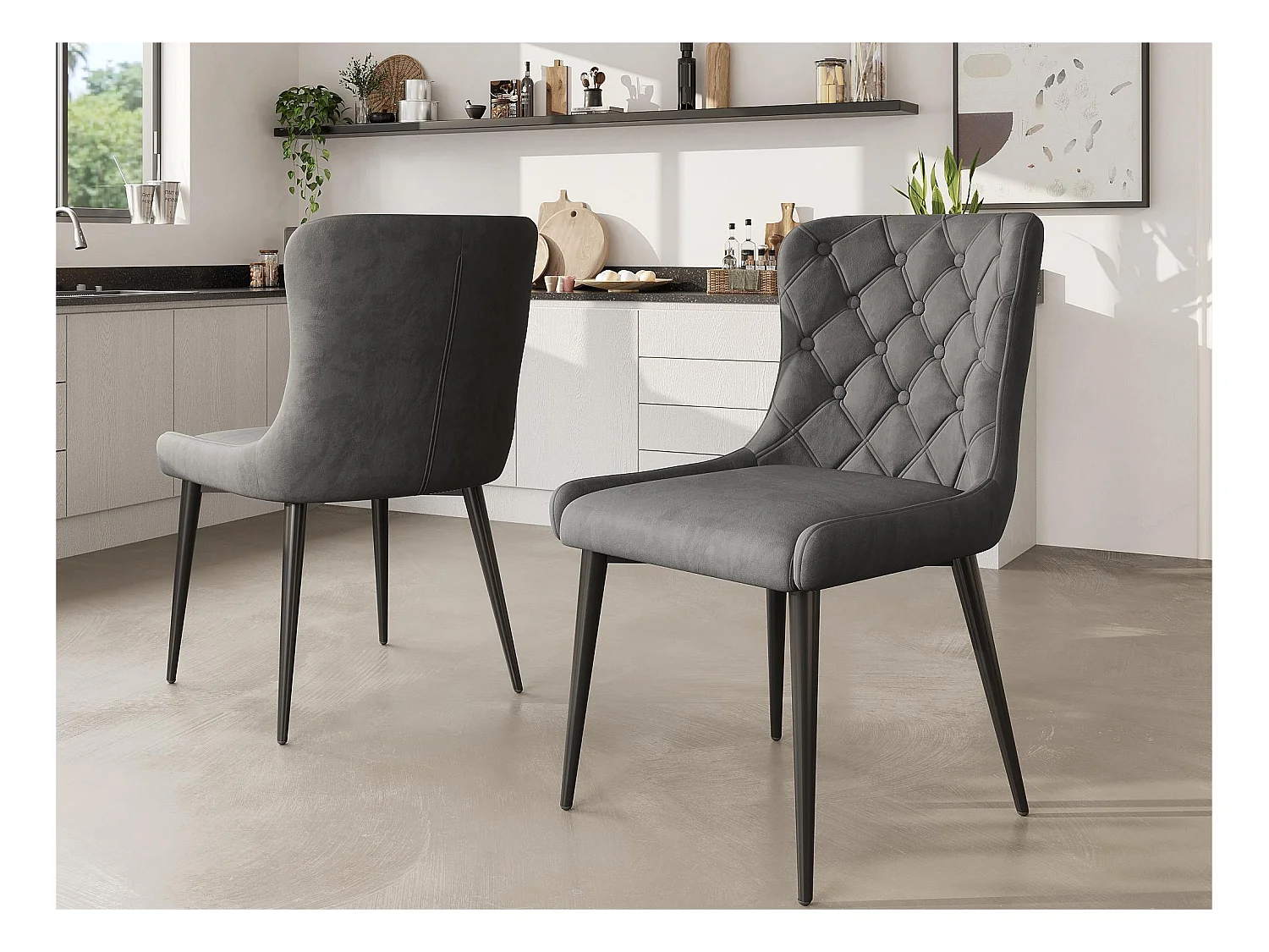 Lot de 2 Chaises en velours avec pieds en fer noir - Gris