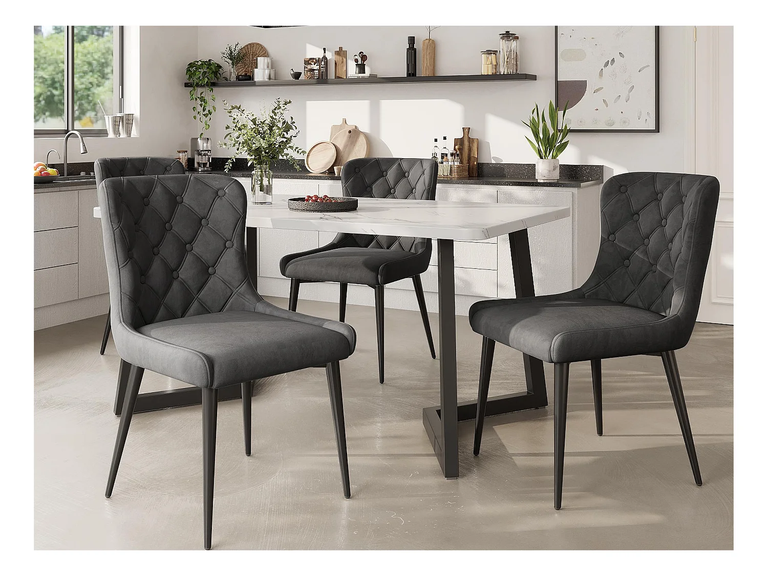 Lot de 4 Chaises en velours avec pieds en fer noir - Gris