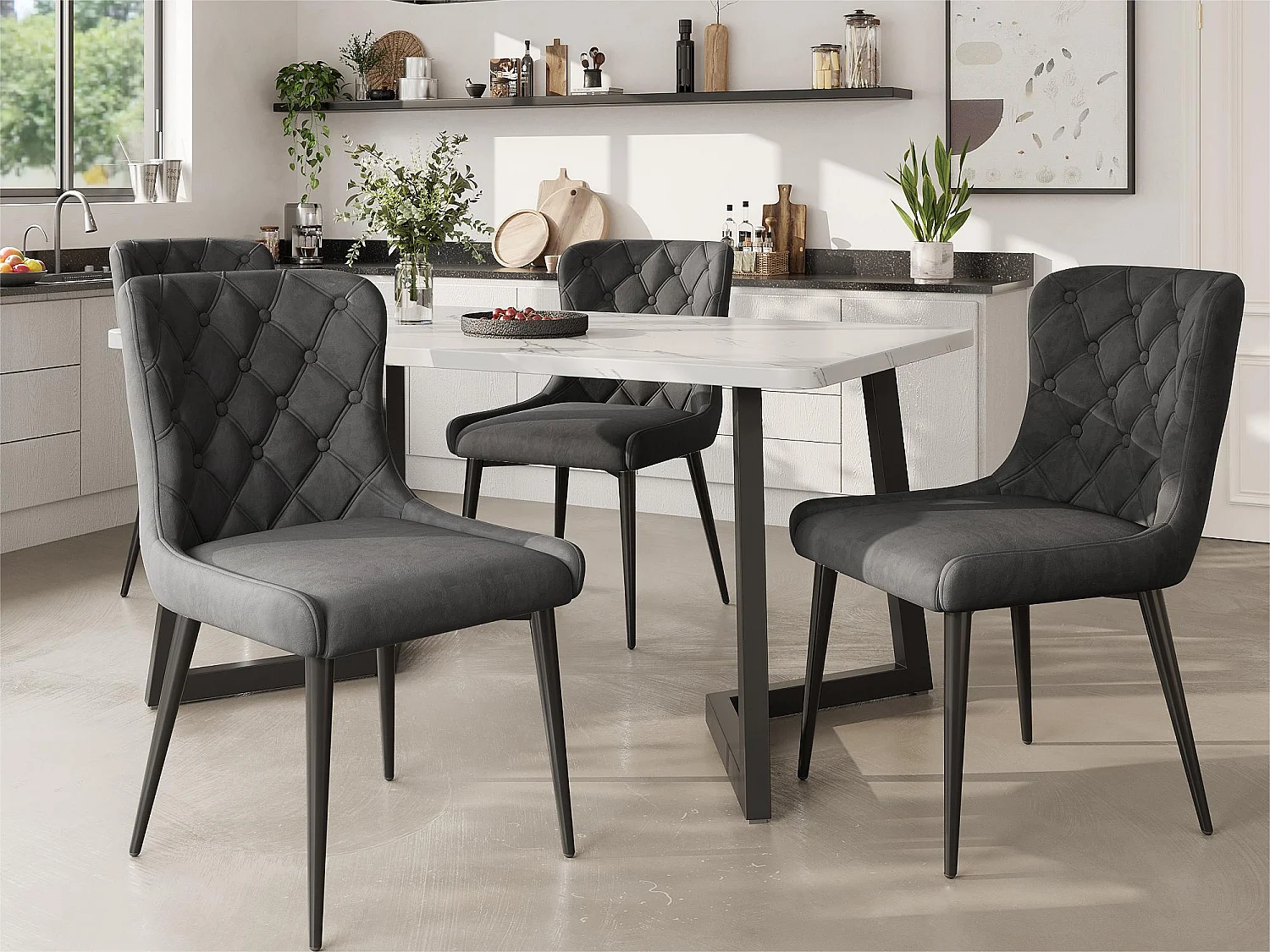 Set aus 4 Samtstühlen mit schwarzen Eisenbeinen – Grau